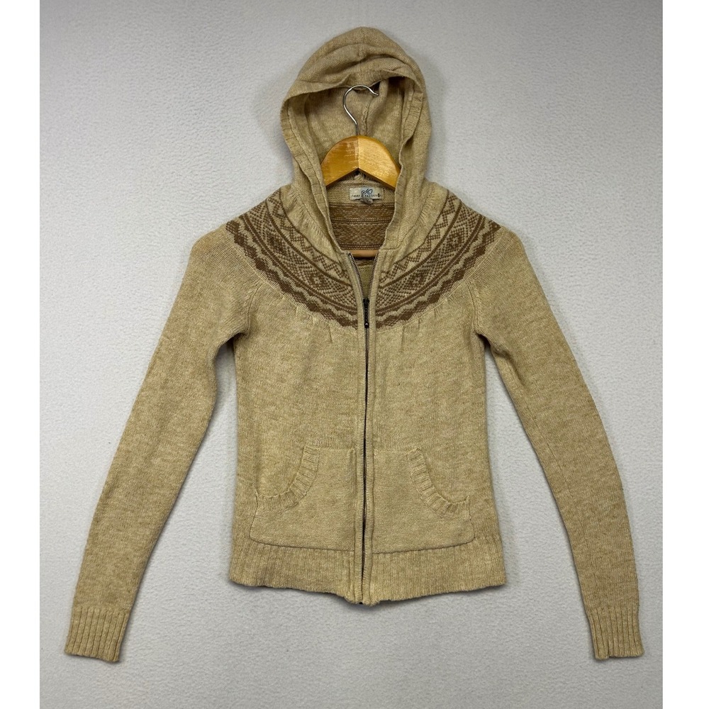 Boho Nordic SO Wear It Declare It Womens Small Tan Fair Isle Zip Hooded Sweater